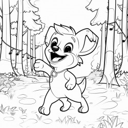 a dog dancing in the forest with music notes