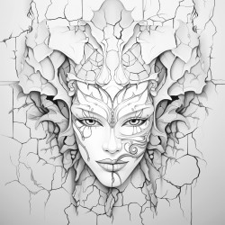 a cracked porcelain mask with intricate gothic patterns hanging on a wall in a dark chamber