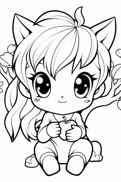 baby chibi unicorn eating apples in the park