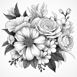 a coloring book page flower bouquet clean white background thick black outline no shadow no shading no grayscale