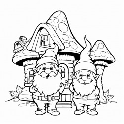 gnomes in front of a mushroom house eating candy