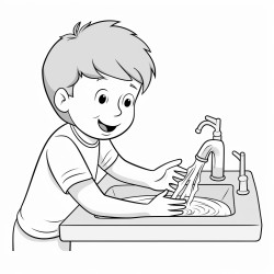 a kid rubbing and washing his hands under the tap water image should be black and white