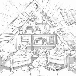 cute comfy attic with cats reading books