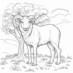 simple black and white line drawing crayon coloring page style anima style large ram turning left on his hind legs slightly facing left around large apple tree his head looking down to his right