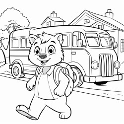 badger walking away from school bus into school on first day