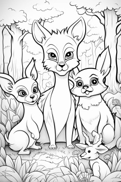 a happy lion deer rabbit fox and squirrel all together in a forest setting can you generates images colouring book