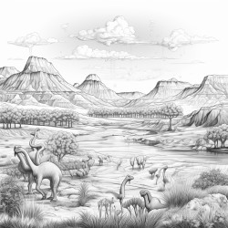 jurassic landscape with volcano and dinosaurs