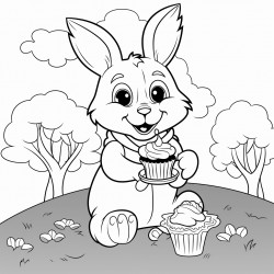 female rabbit eating a cupcake in a park