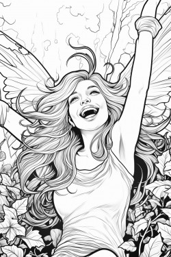 a laughing but disheveled fairy throwing her arms up in the air