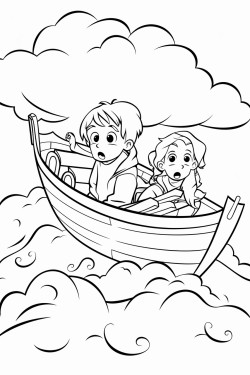 worried boys working in a big boat with a big storm
