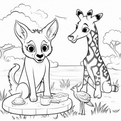 fox having breakfast with a giraffe