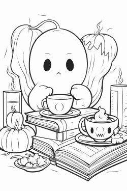 a friendly ghost sipping tea in a cozy candlelit room filled with books and soft pillows