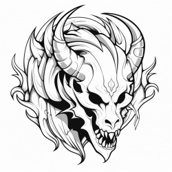 black and white line art dragon skull portrait simple clip art low detail 6 horns
