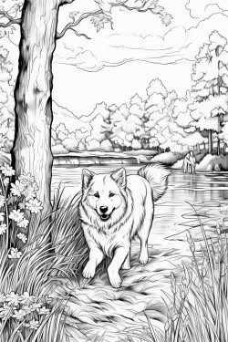 a dog running through the garden by a river filled with tall trees and meadow like grass