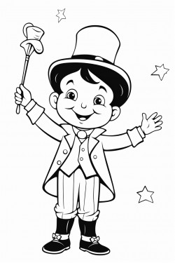 young cartoon boy dressed as a magician tapping a wand on an upsidedown top hat