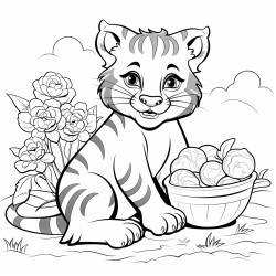 un tigre con tut comiendo fresas en un campo de flores