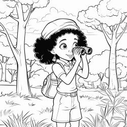 african american cute girl birdwatching holding binoculars looking into trees