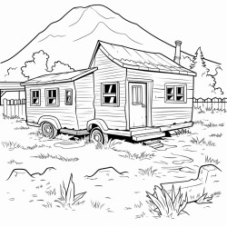 caravane in background abandoned house