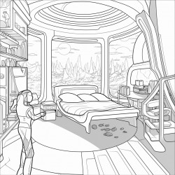 futuristic space bedroom with glass ceiling and boy in bed