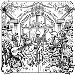 a skeletal band performing in a haunted tavern with intricate instruments and gothic decor