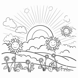 design a blackandwhite line art image of a sunshine days easy and fun scenes with sunflowers rainbows and clear skies