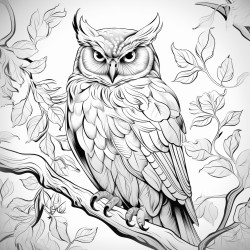coloring page owl perched on a tree branch with leaves around no shading high details thick lines