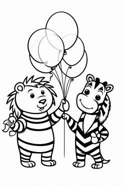 a dancing zebra holding balloons with a dancing alligator at a tea party in a simple coloring book style