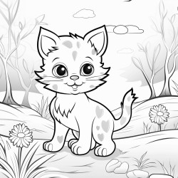 black and white coloring book drawing only thick outlines no grayscale for kids cartoon style cat forest