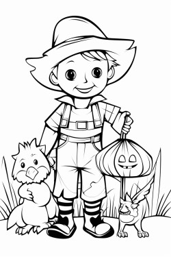 create a simple bold line drawing for a childrens coloring book featuring a scarecrow with animals in the farm