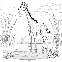 giraffe eating leaves in front of a pond