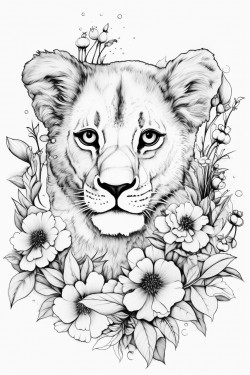 baby lion with flowers