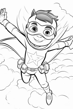 super power kid flying in the sky looking at me and smiling with his friend next to him as a flying masked otter