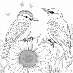 little birds sitting on a big sunflower an eating the seeds