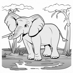 a cute elephant with large ears and a curved trunk standing near a waterhole