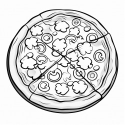 black and white coloring book drawing only thick outlines no grayscale for children in cartoon style pizza with toppings