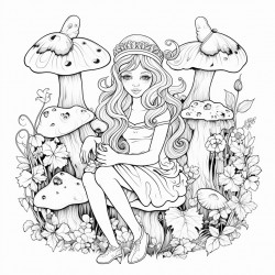 fairy in a garden with mushrooms and frogs