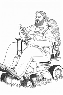 overweight man on riding lawnmower with a beer bottle in hand cigarette in mouth bikini girl giving him backrub