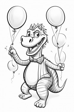 a dancing alligator holding balloons with a dancing zebra at a tea party in a simple coloring book style coloring page