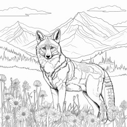 coyote in a meadow with mountains in the backround
