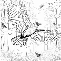a raven flying through a dark forest carrying a key in its beak