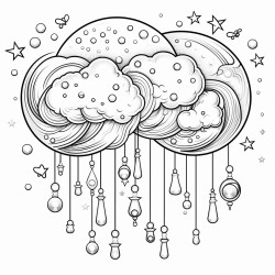 luminous sky with fluffy clouds raining down gems