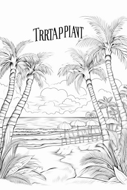 a beach scene including palm trees with the words happy retirement in large outlined font centered in the foreground