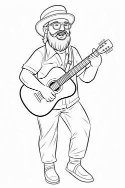musican playing guitar with hat and beard and glasses coloring pages
