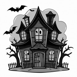 a spooky but not too scary haunted house with bats flying around and a ghost peeking out of a window