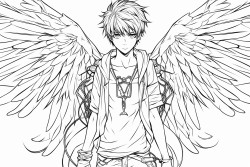 teenage anime boy with sparrow bird wings full body