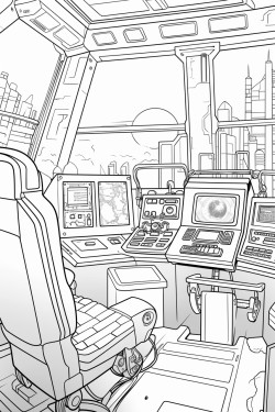 space ship cabin with screens with desk space futuristic detail