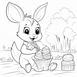 female rabbit eating a cupcake in a park