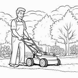 man pushing lawnmower in garden with trees