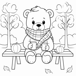 a cartoon bear wearing a scarf drinking a hot cup of coffee while sitting on a bench in the park with fall leaves all around