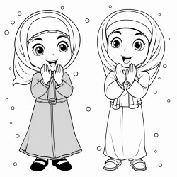two little cartoon muslim girls wearing jilbab praying salah standing with hands raised up by ears